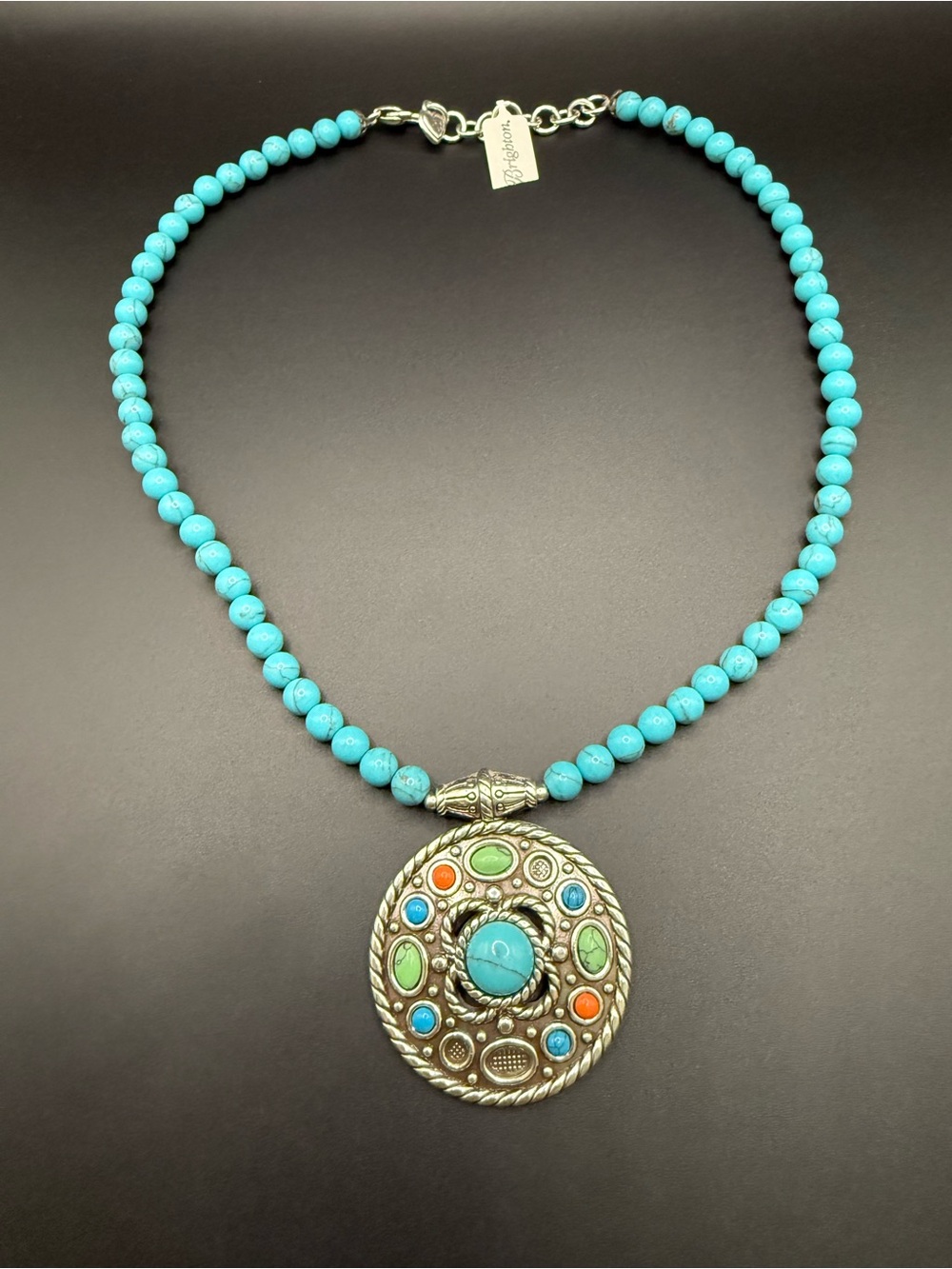 NWT Brighton Necklace Loretto Mesa Turquoise Medallion Silver Tone - Some Flaws